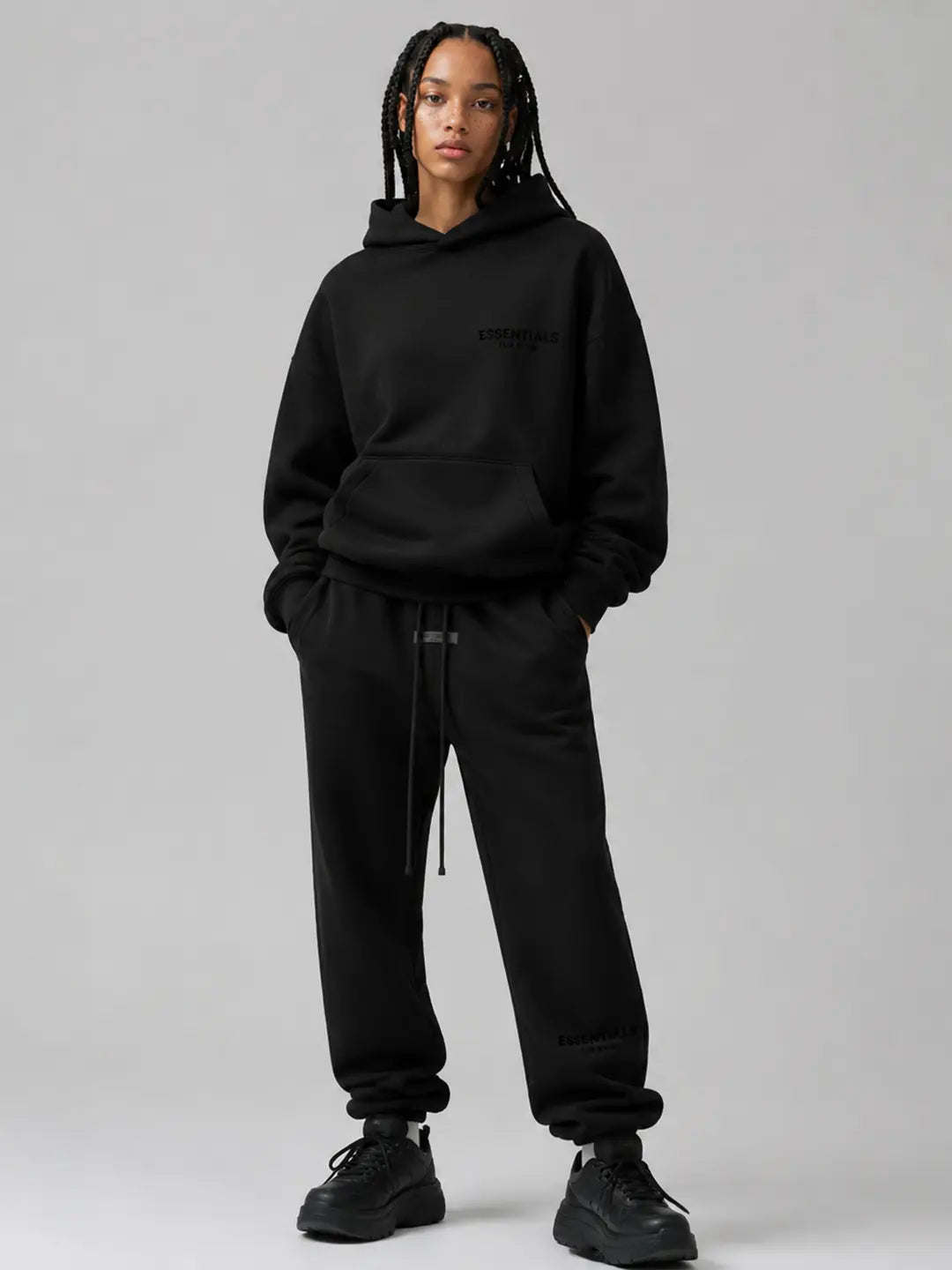(One Set) Fear of God Essential Stretch Limo Hoodie and Pants for Men or Women Daily Wear