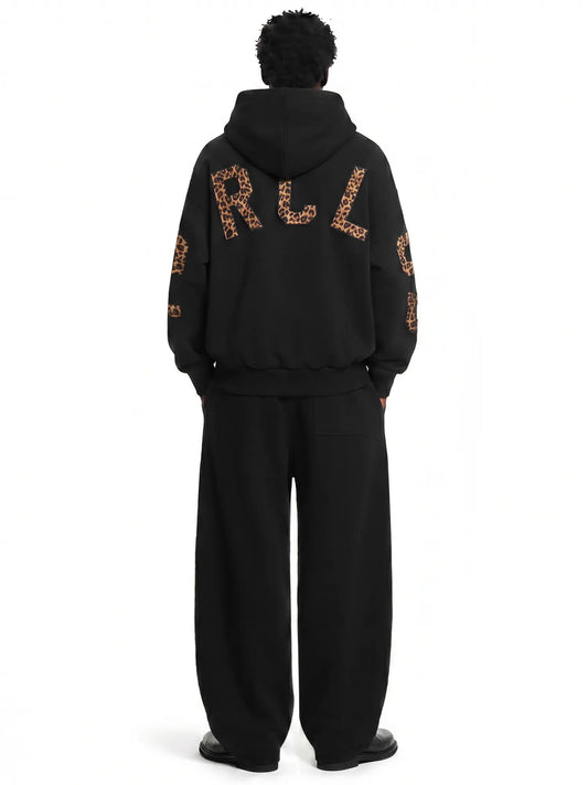 FDR Applique Letter Stand Collar Zip up Jacket & Leopard Panel Faux Two Piece Barrel Sweatpants Set Oversized Y2K Streetwear Unisex#Tiktokshopbacktoschool